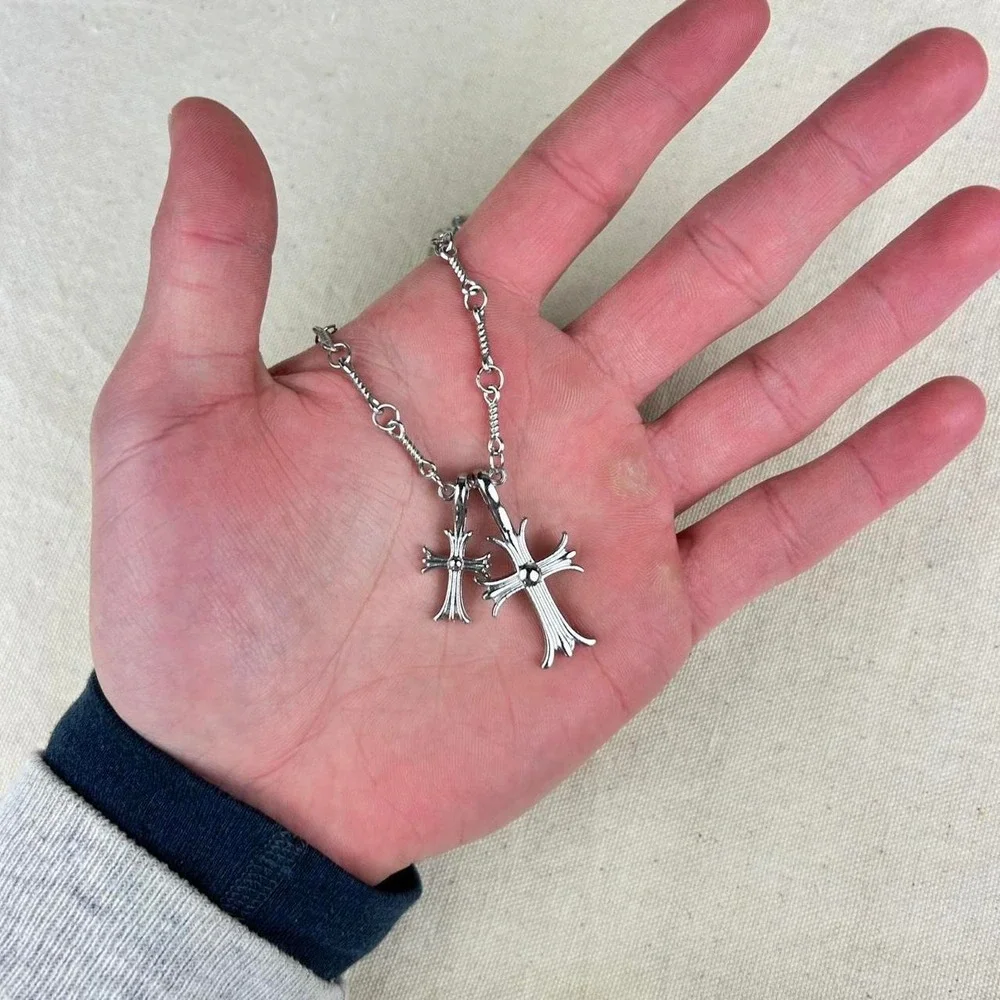 Vintage Y2K silver double cross opium style necklace diamond chain